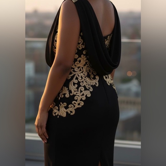 Tadashi Shoji Black Dress with Gold Embroidery - Picture 4 of 7